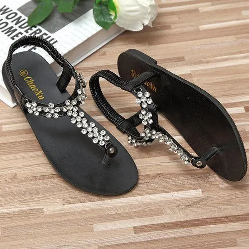 Beaded Clip Toe Crystal Flower Slip On Gladiator Sandals