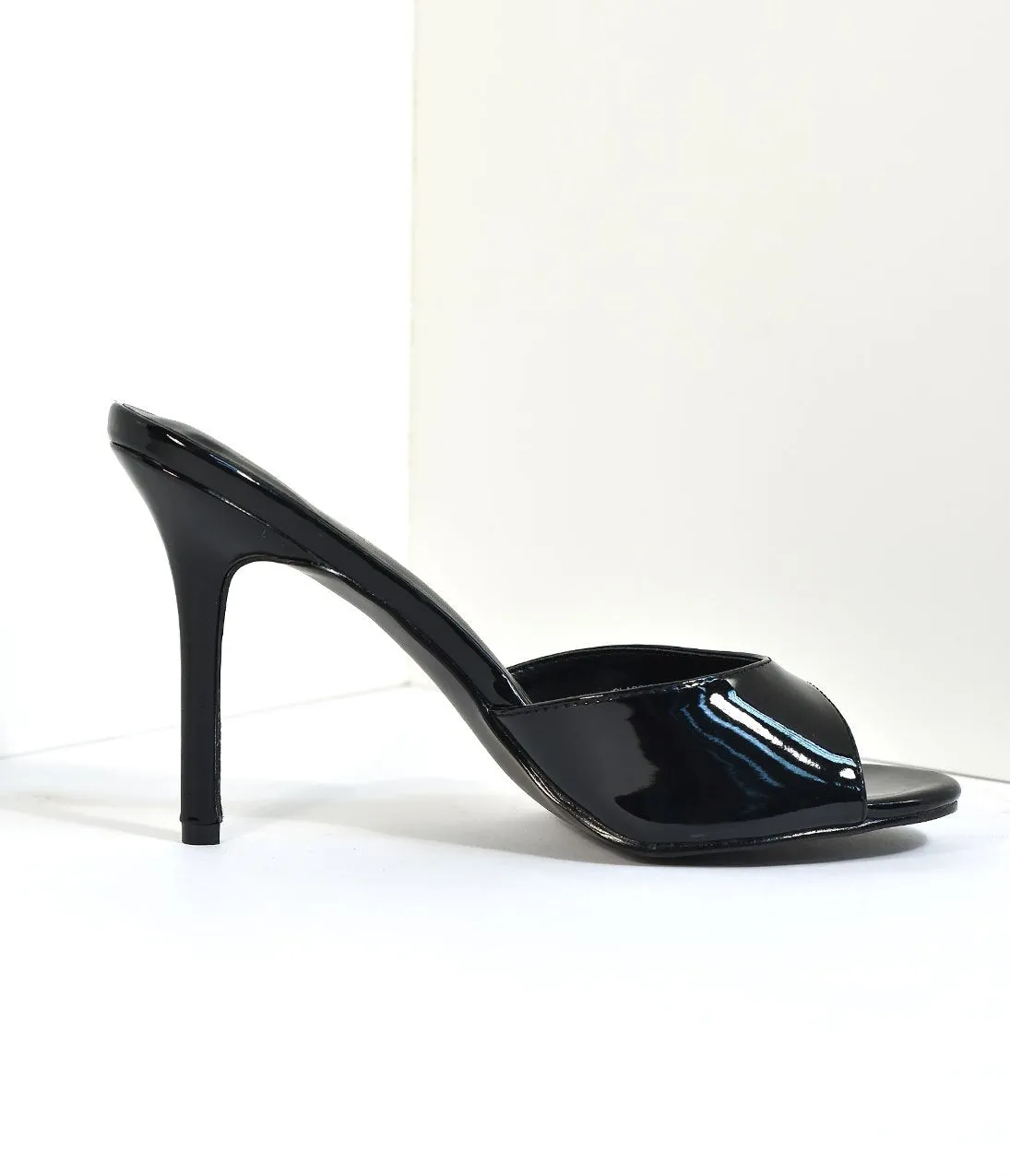 Black Patent Leatherette Peep Toe Slip On Heels