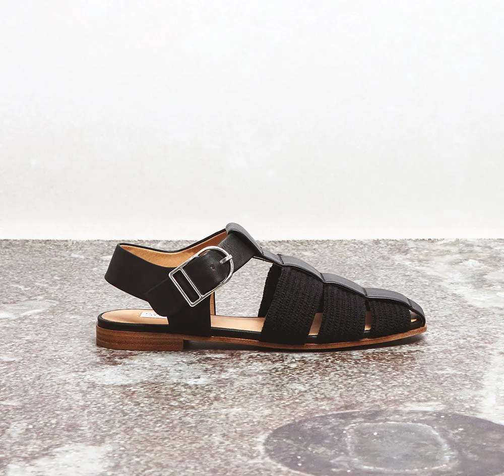 Calla Sandal in Black Nappa Leather Crochet