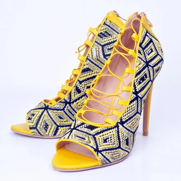 Caribbean Queen Yellow & Blue Geometric Heels