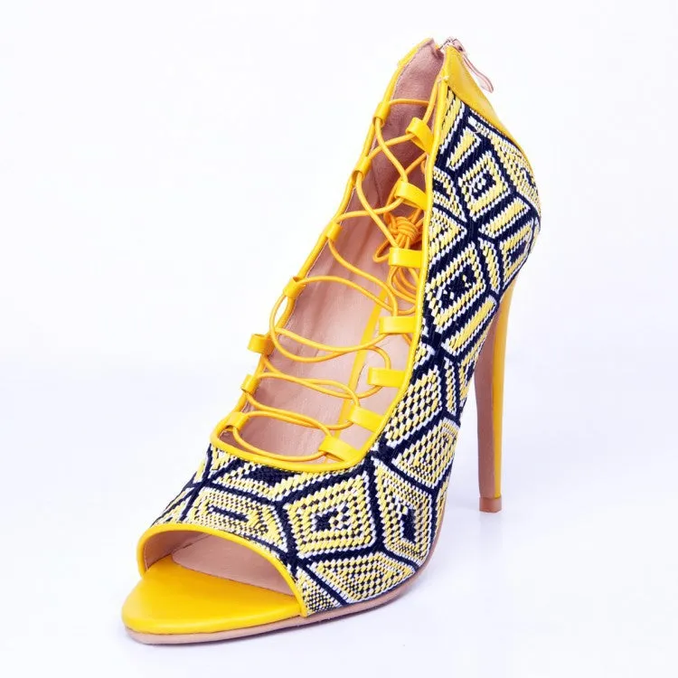 Caribbean Queen Yellow & Blue Geometric Heels