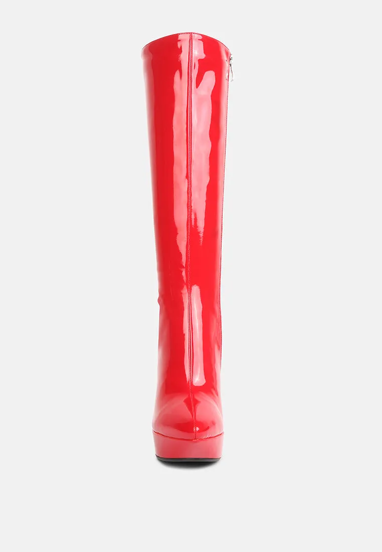 CHATTON Red Patent Stiletto High Heeled Calf Boots