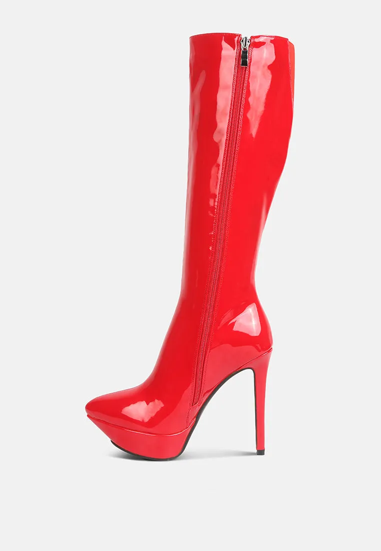 CHATTON Red Patent Stiletto High Heeled Calf Boots