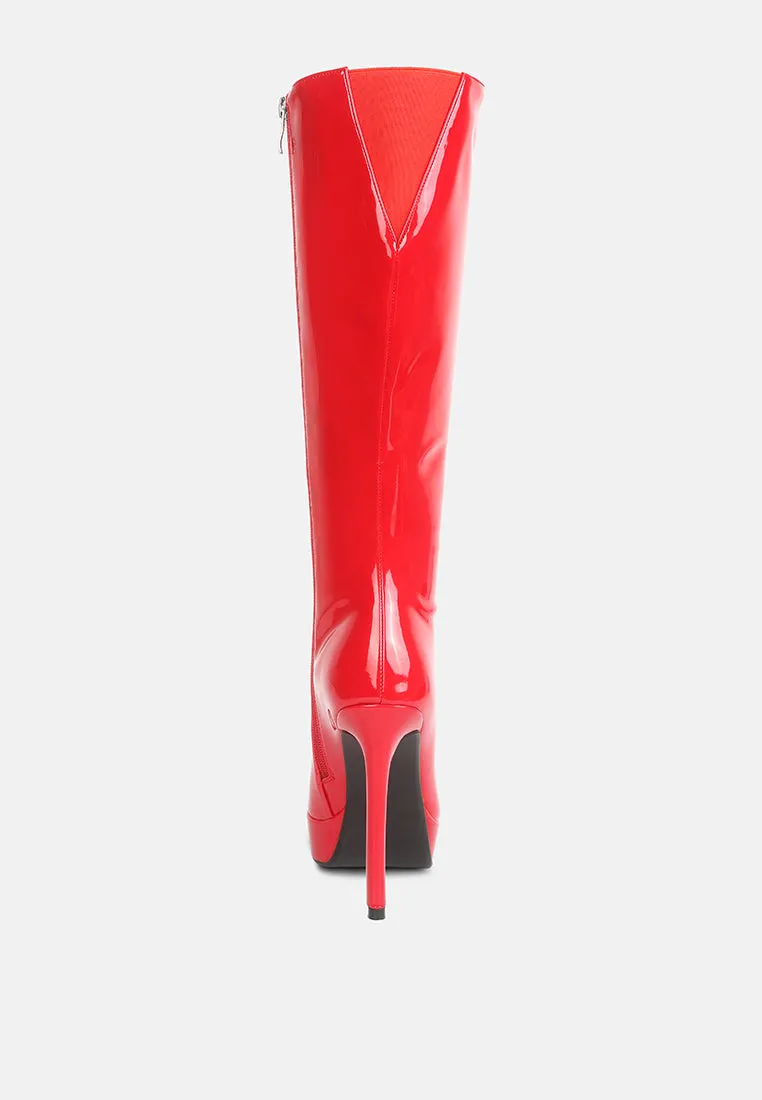 CHATTON Red Patent Stiletto High Heeled Calf Boots