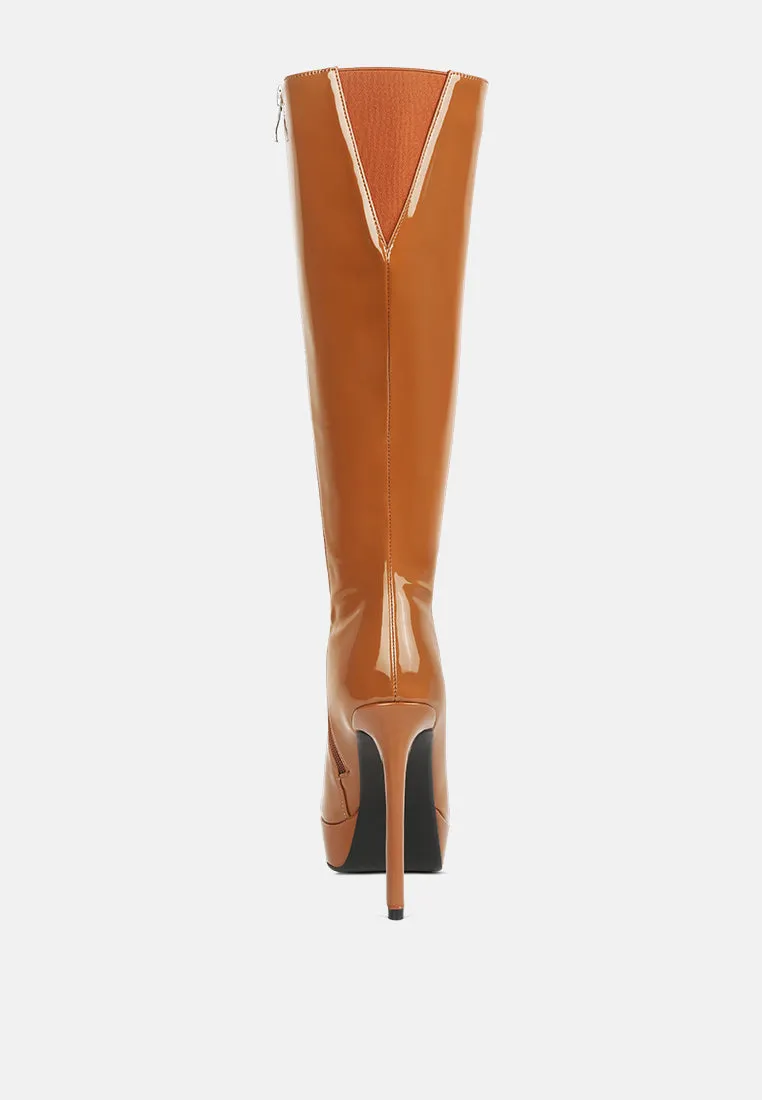 CHATTON Tan Patent Stiletto High Heeled Calf Boots