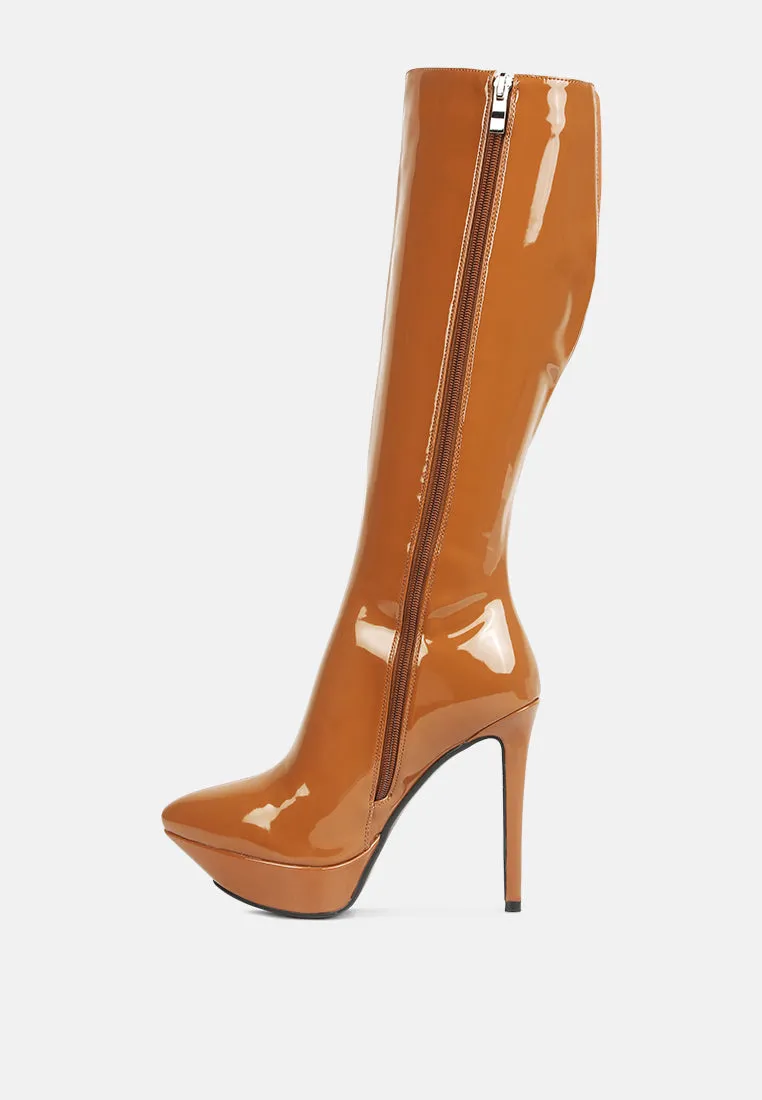 CHATTON Tan Patent Stiletto High Heeled Calf Boots