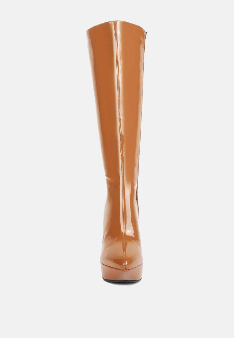 CHATTON Tan Patent Stiletto High Heeled Calf Boots