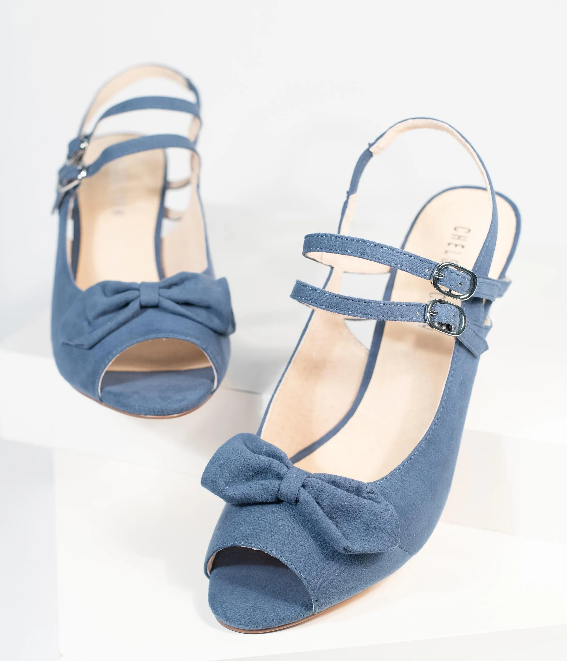 Chelsea Crew Blue Suede Peep Toe Bow Lady Heels