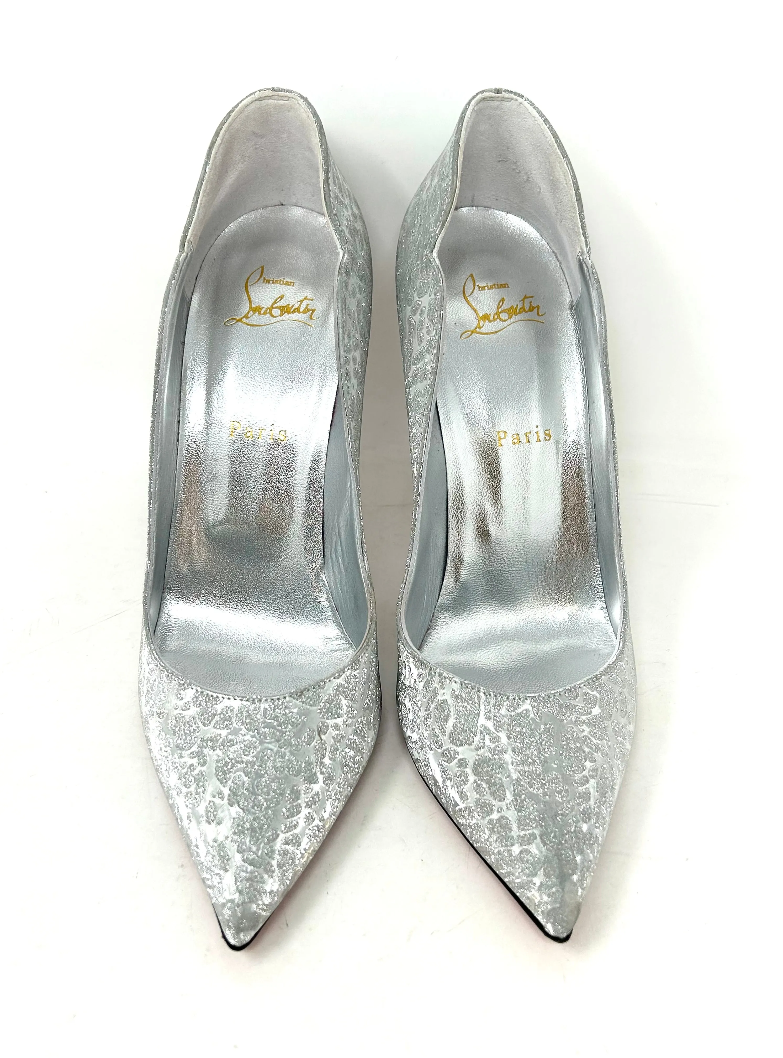 Christian Louboutin Hot Chick 100 Silver Specchio Glitter Pump Heels 40.5 UK 7.5