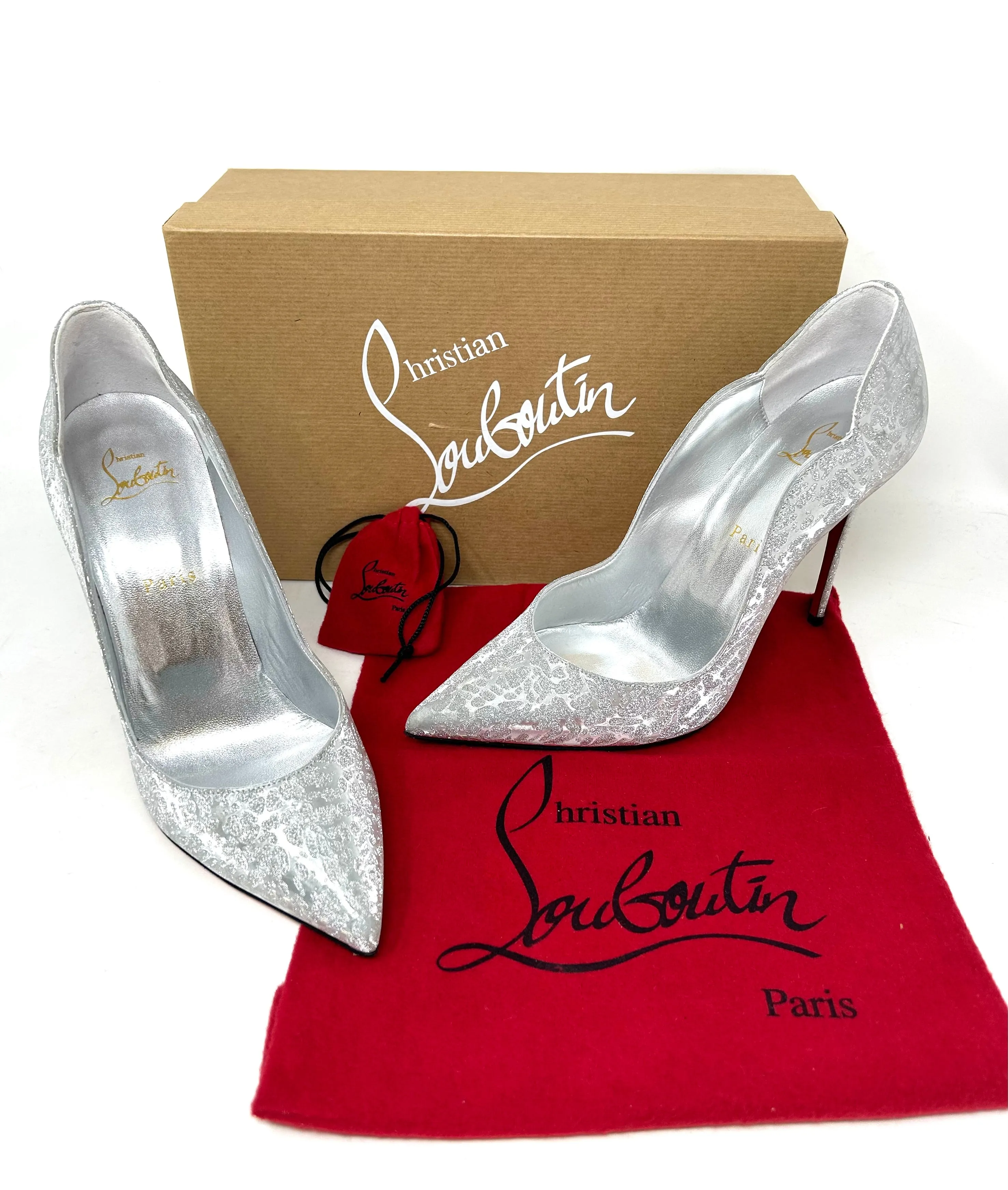 Christian Louboutin Hot Chick 100 Silver Specchio Glitter Pump Heels 40.5 UK 7.5