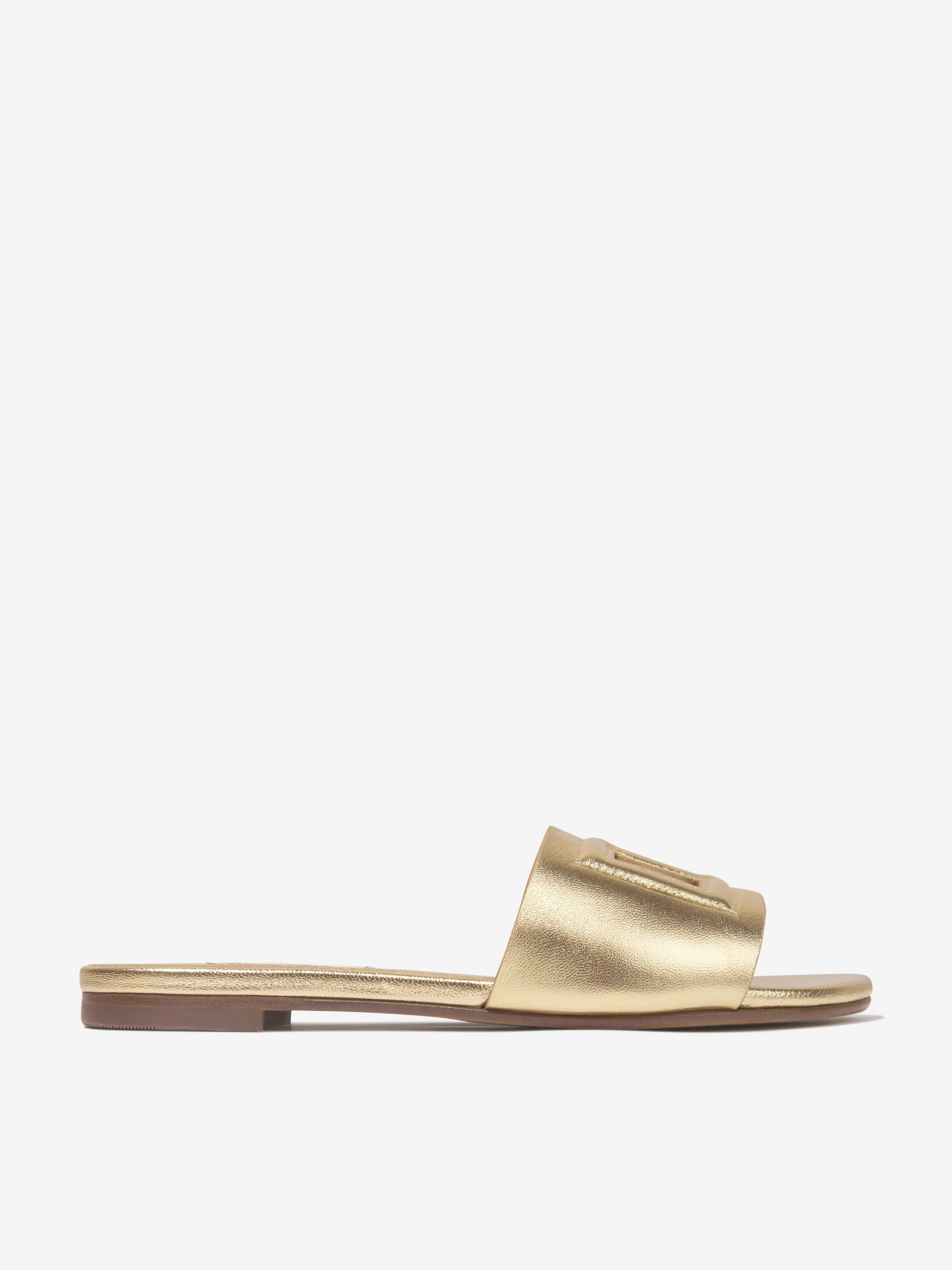 Dolce & Gabbana Girls Leather Logo Slider Sandals In Gold