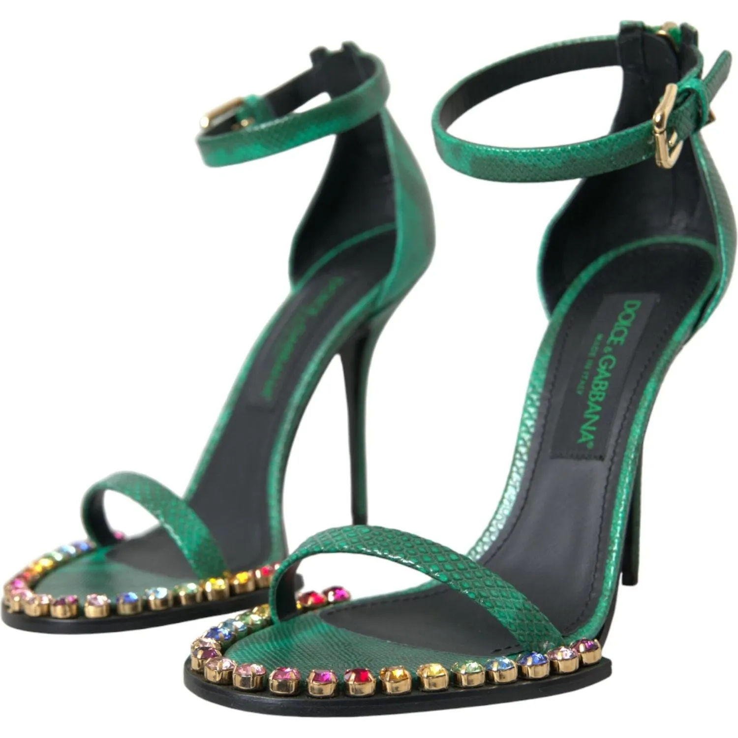 Dolce & Gabbana Green Exotic Leather Crystal Sandals Shoes