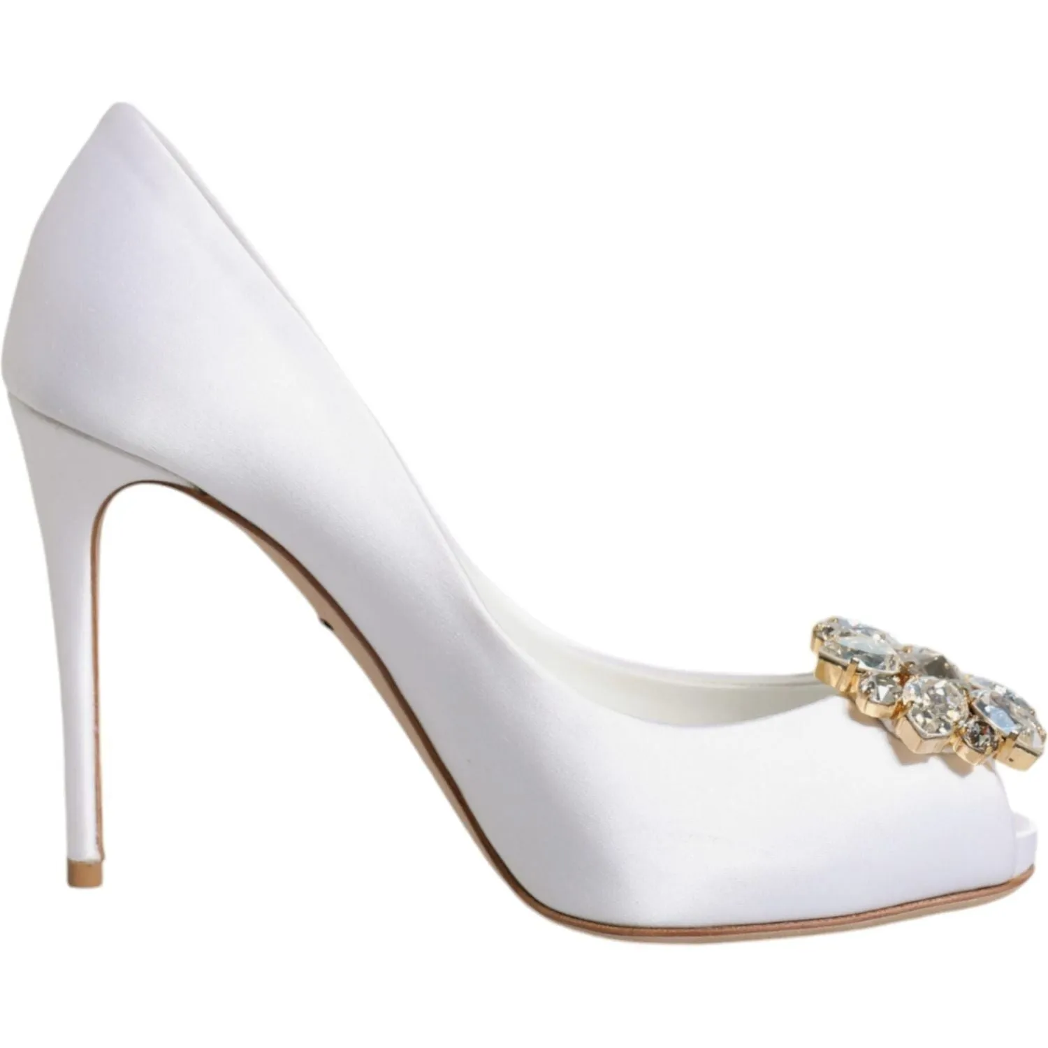 Dolce & Gabbana White Crystals Peep Toe Satin Pumps Shoes