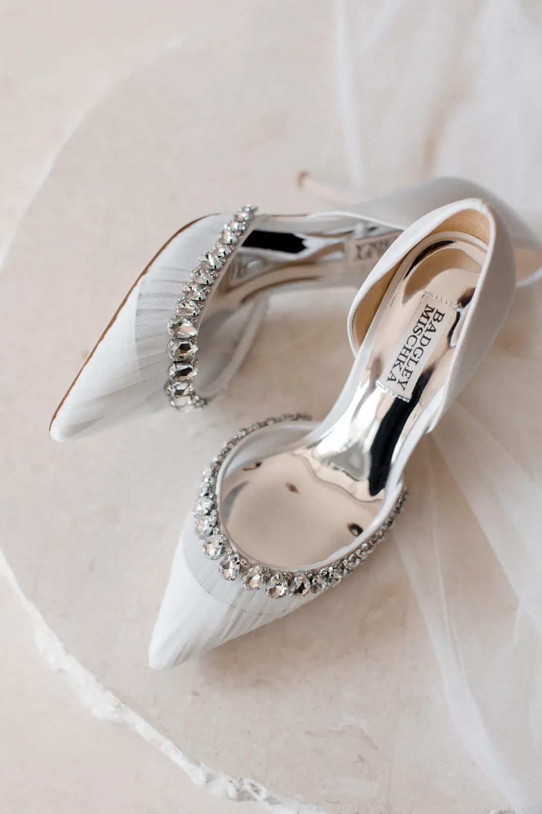 Everley - Satin & Tulle D'orsay Heels with Crystal Embellishments - Soft White