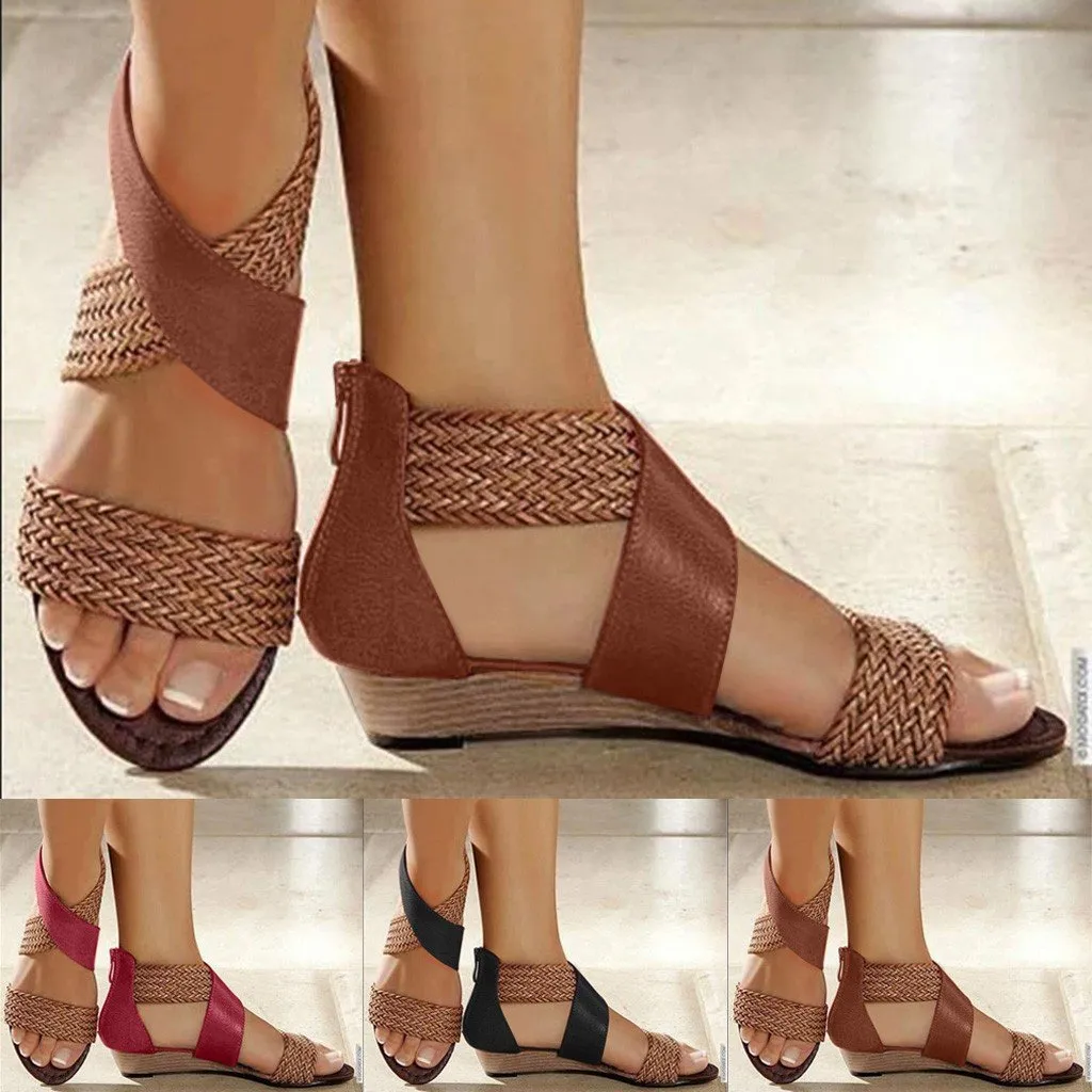 Fashion New Fish Mouth Leather Canvas Women Weave Wedge Heel Shoes Zipper Sandals Casual Beach Sandals Roman Shoes