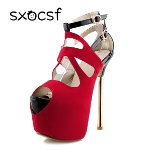 Hot Sexy Peep Toe Platform Pump Super High Heels 16CM Stiletto Heels Party Dress Shoes Women Ankle Strap Sandals Female Pumps