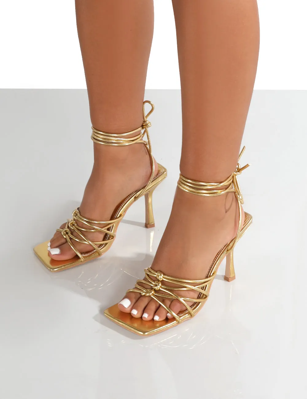 Keri Gold Metallic Pu Strappy Lace Up Mid Heels