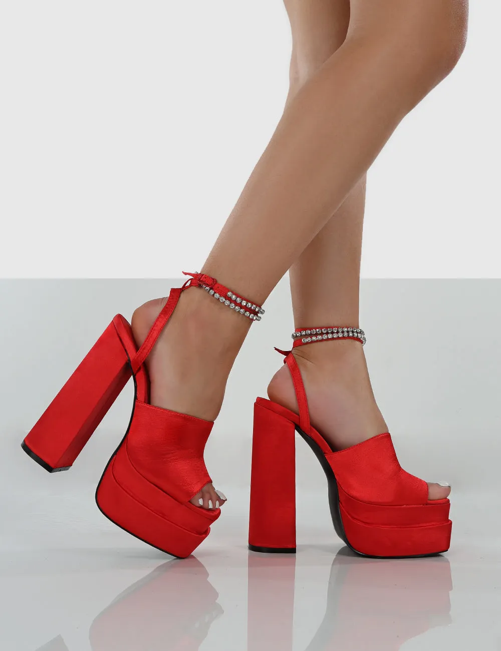 Lilibet Red Satin Diamante Lace Up Strappy Platform Block Heels