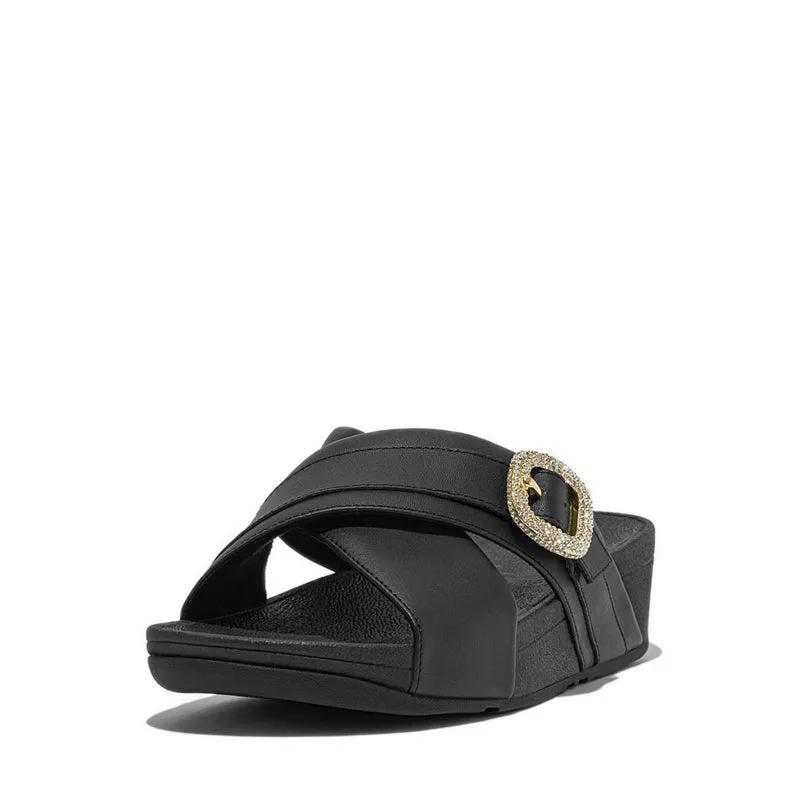 Lulu Crystal-Buckle Leather Cross Slides - Black