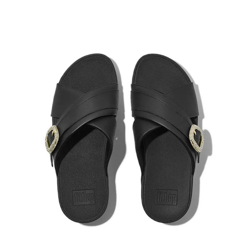 Lulu Crystal-Buckle Leather Cross Slides - Black