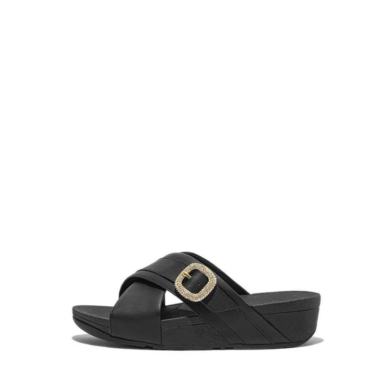 Lulu Crystal-Buckle Leather Cross Slides - Black