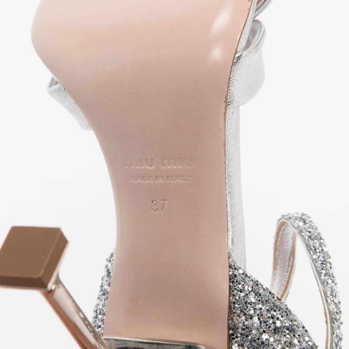 Miu Miu Silver Metallic Glitter & Crystal Sandals 37