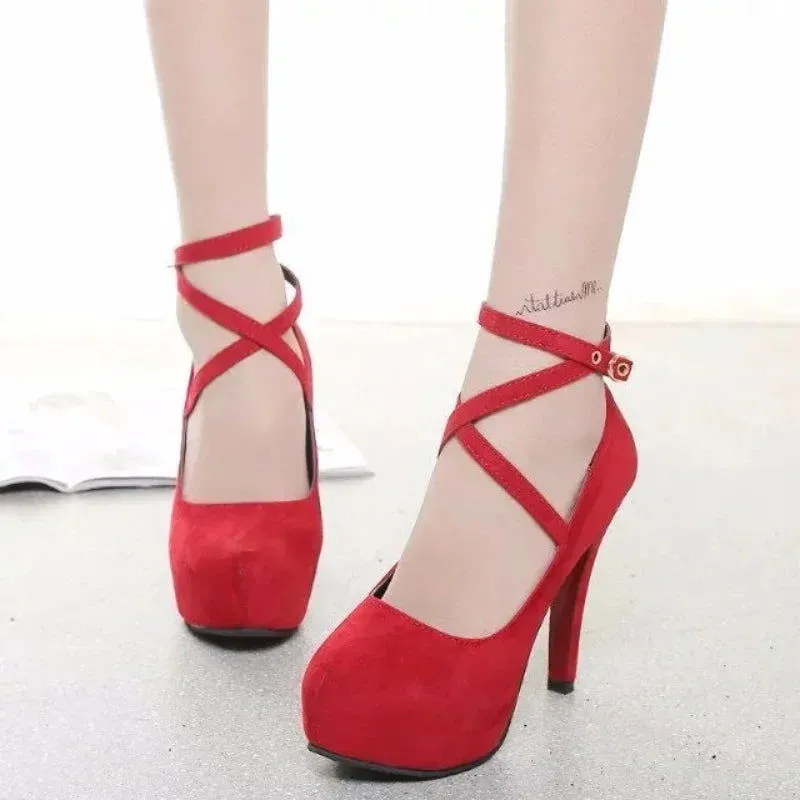 Must-have Buckle Strap Round Toe Super High Heels Shoes