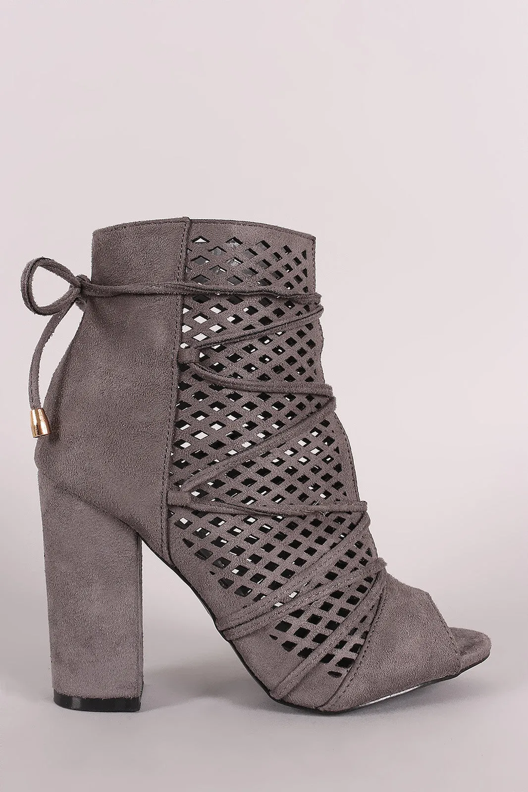 Perforated Suede Lace-Up Chunky Heeled Ankle Boots