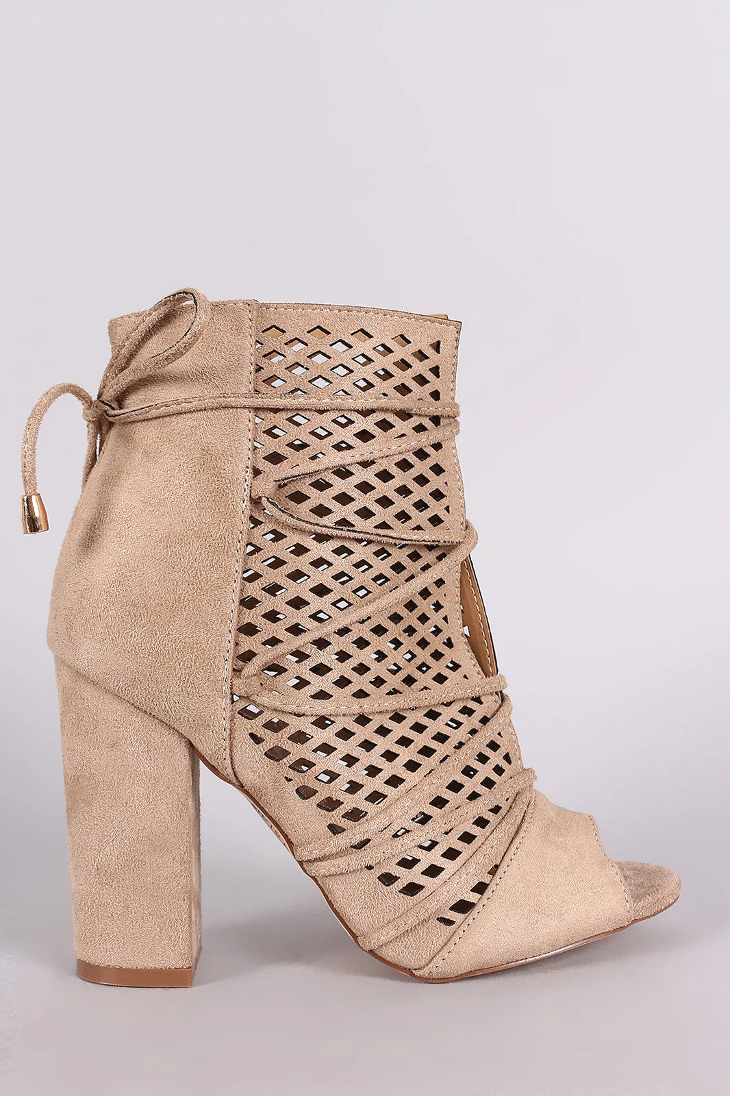 Perforated Suede Lace-Up Chunky Heeled Ankle Boots