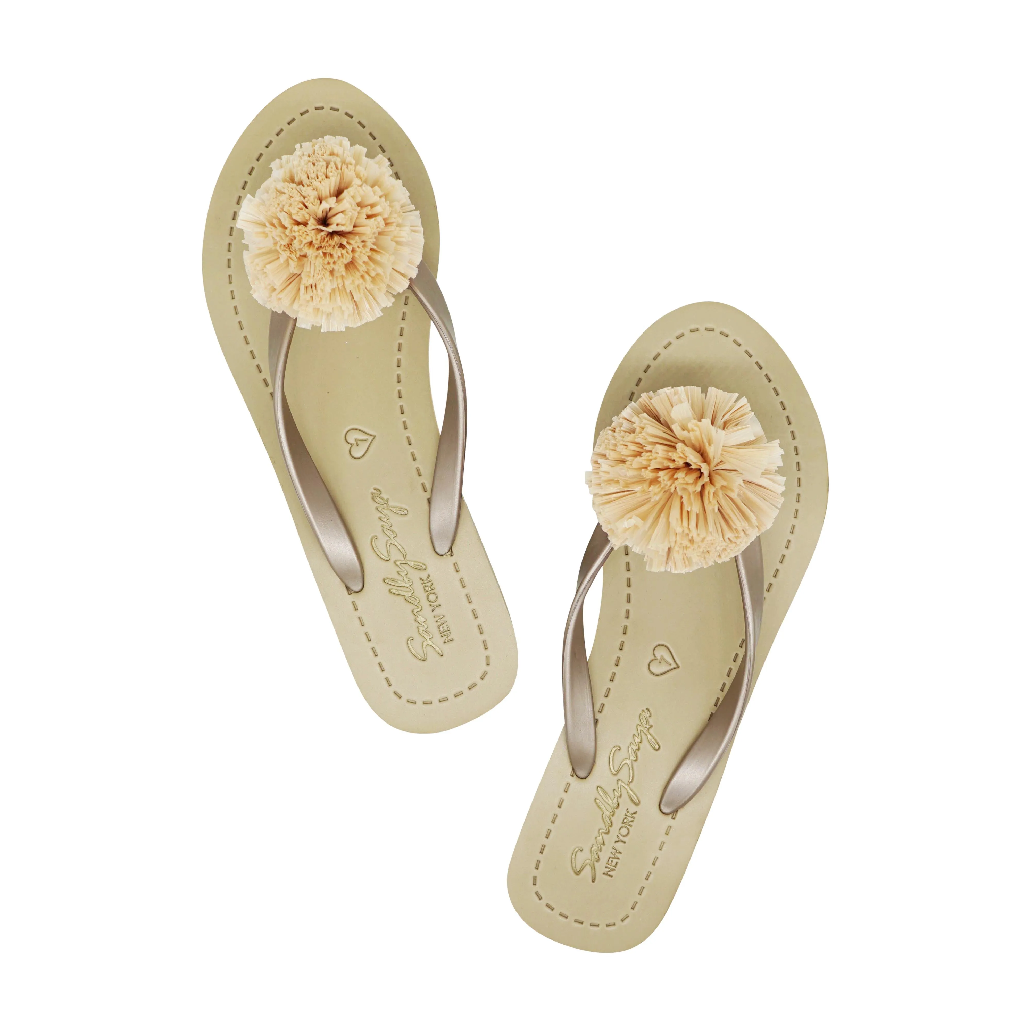 Raffia Pom Poms - Mid Wedge Flip Flops Sandals