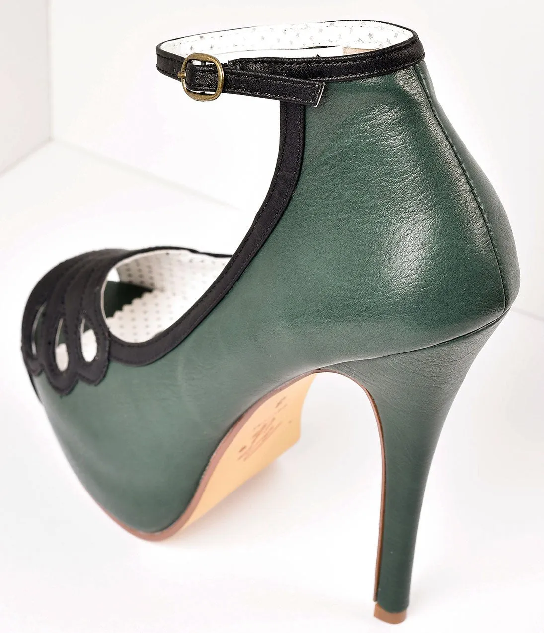 Retro Style Forest Green & Black Leatherette Peep Toe Platform Cutout Pumps