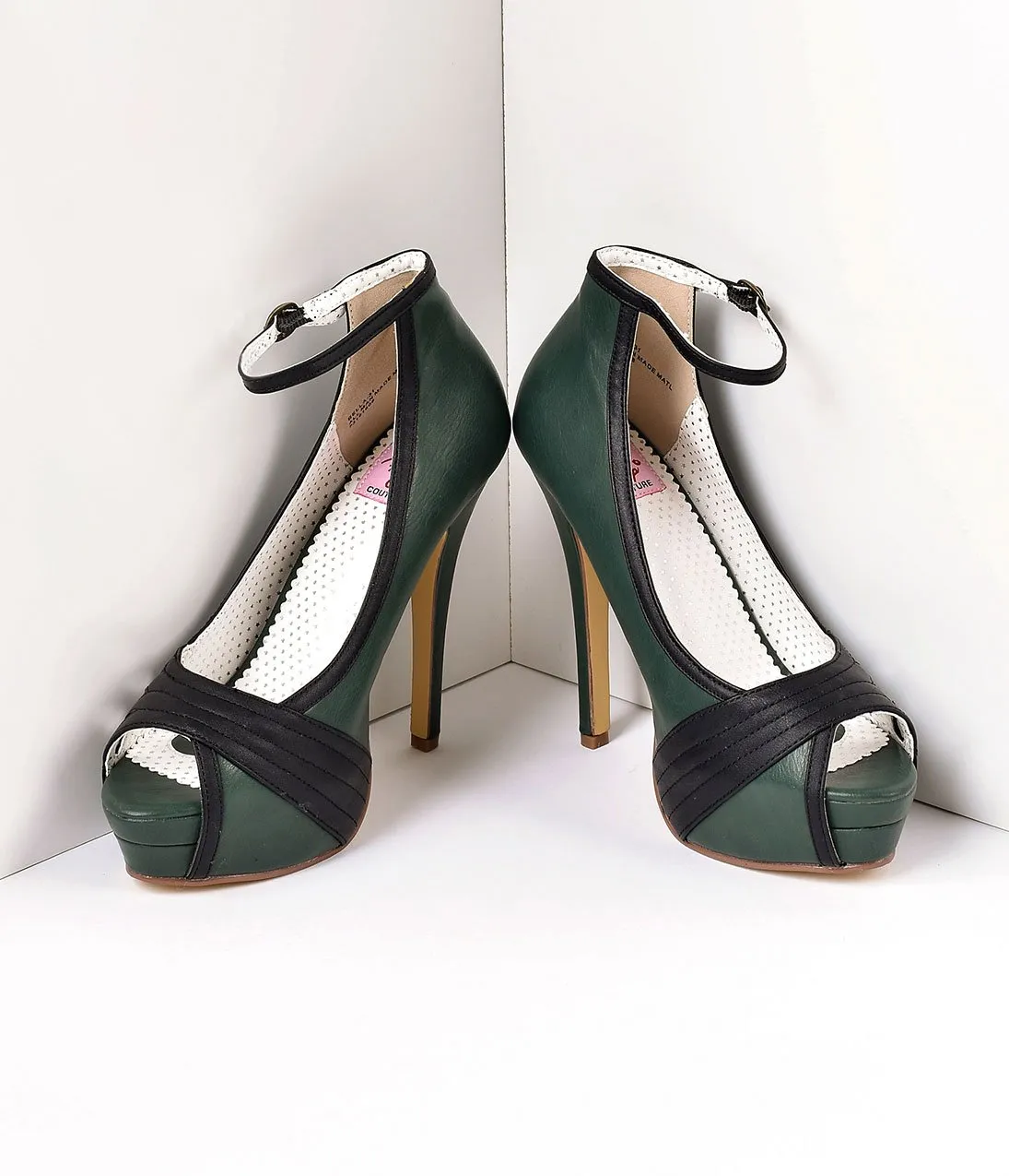 Retro Style Forest Green & Black Leatherette Peep Toe Platform Cutout Pumps