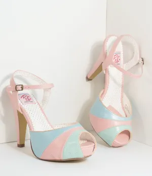 Retro Style Pink & Pastel Leatherette Peep Toe Pumps