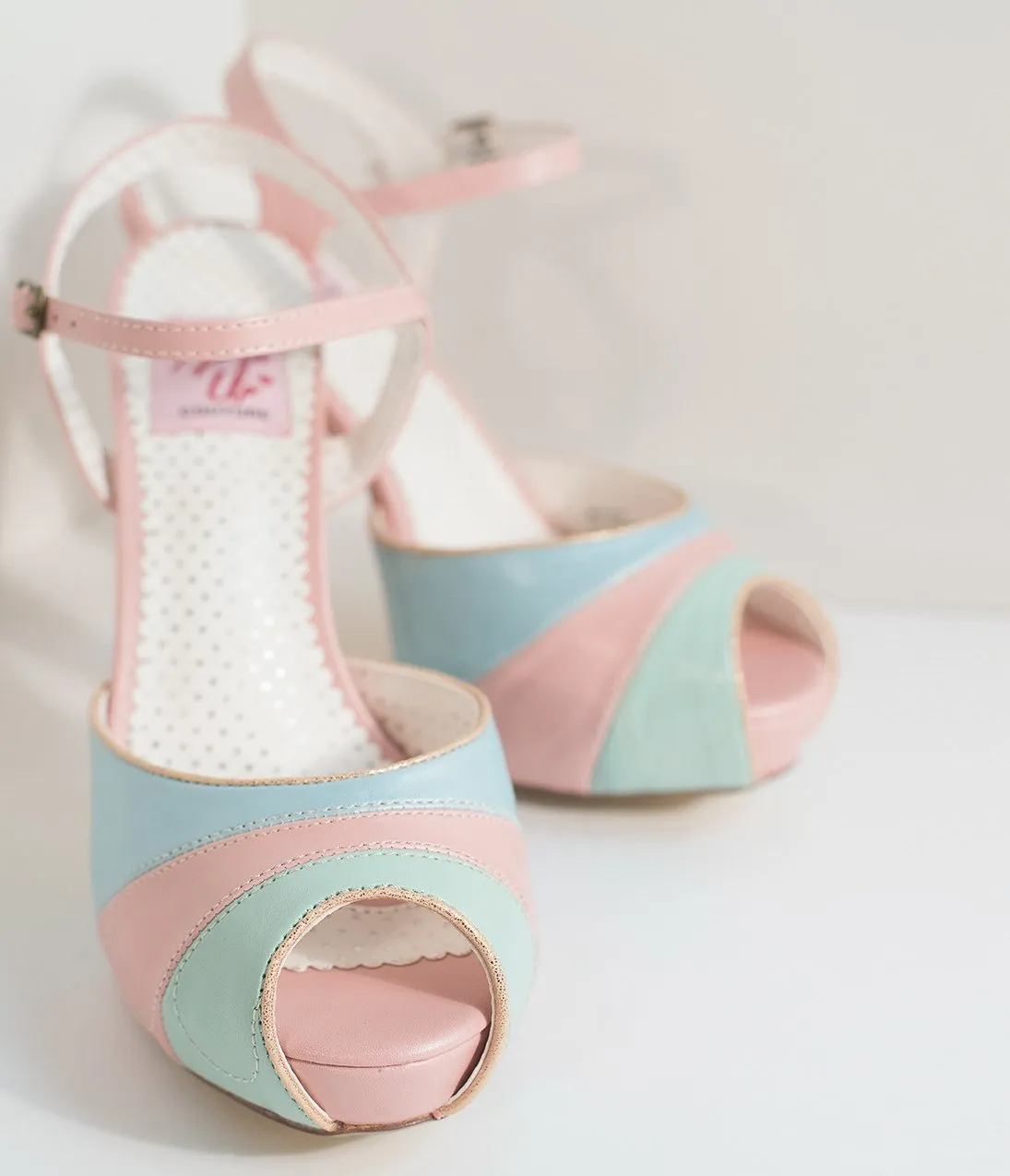 Retro Style Pink & Pastel Leatherette Peep Toe Pumps