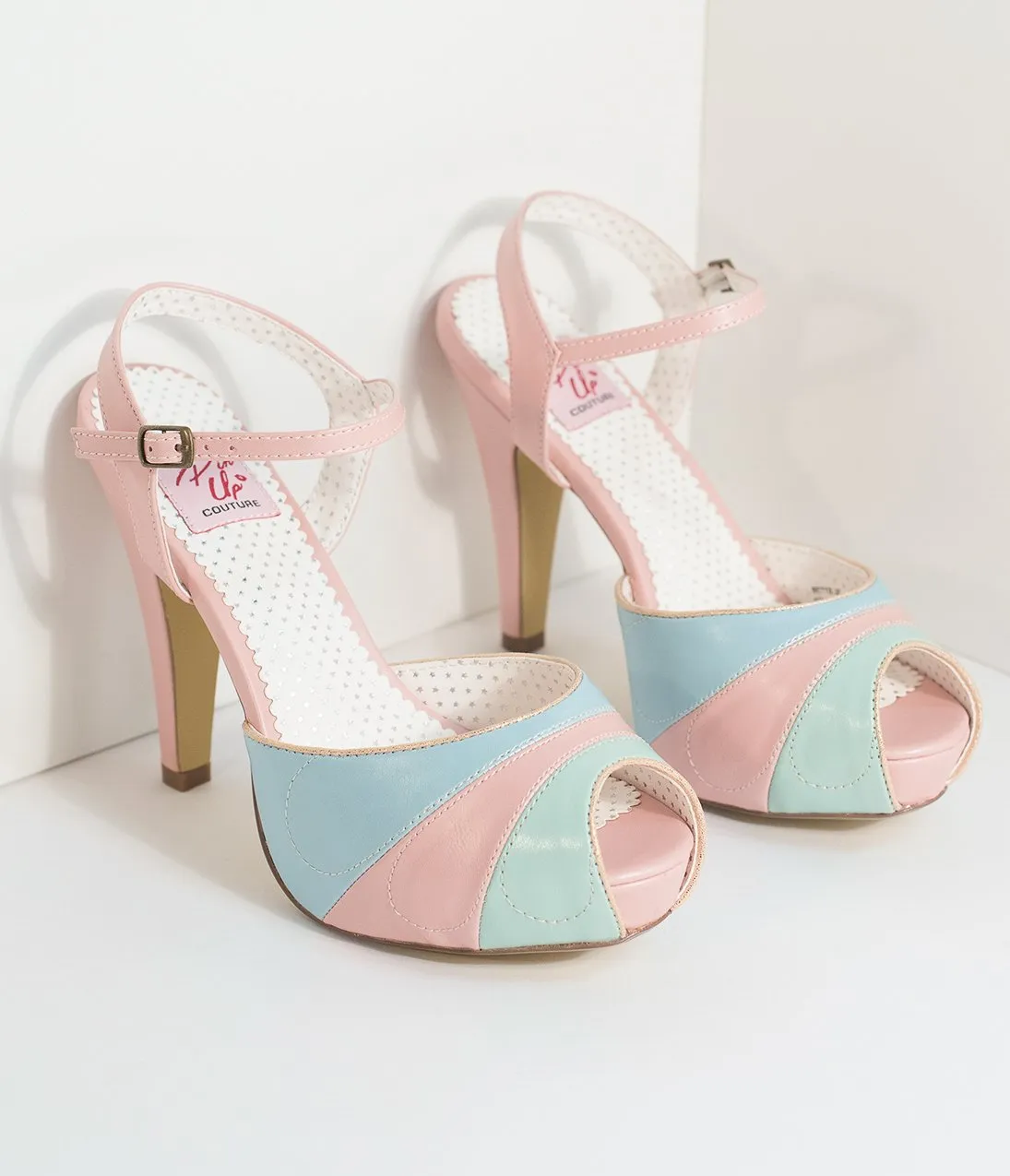 Retro Style Pink & Pastel Leatherette Peep Toe Pumps