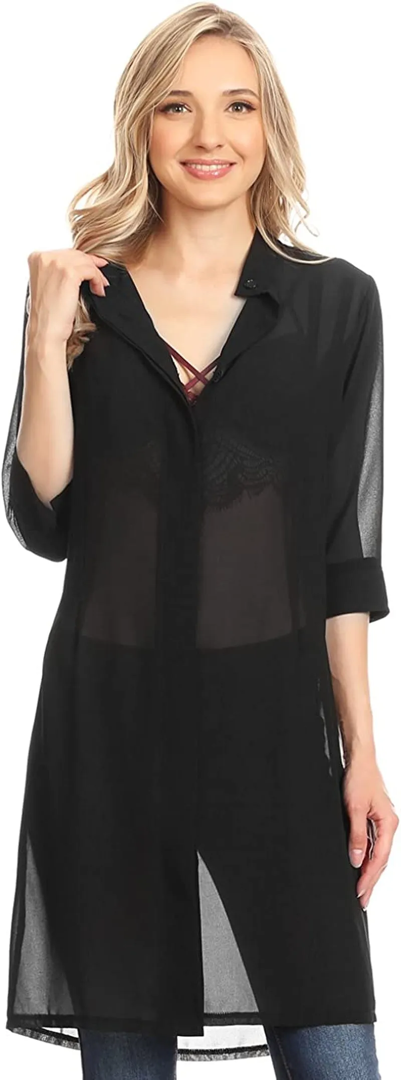 Sheer Chiffon Long Tunic Blouse Button Down Dress Shirt Cover Up