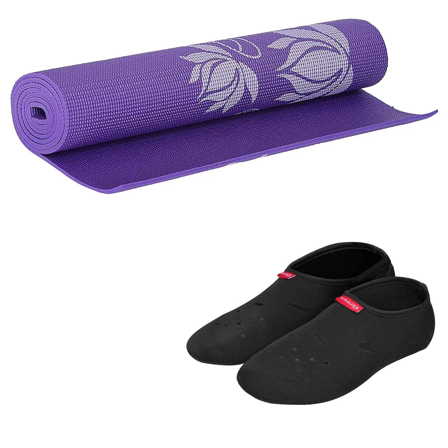 Strauss Yoga Mat, 6mm (Purple Floral) and Yoga Shoes, (Black)