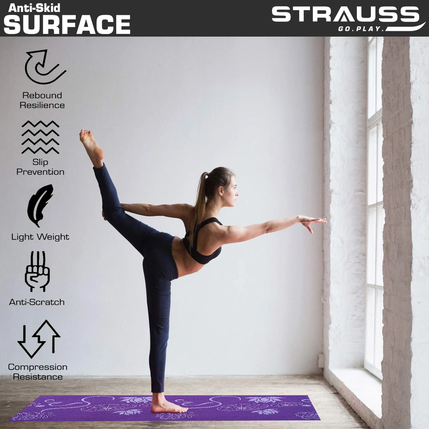 Strauss Yoga Mat, 6mm (Purple Floral) and Yoga Shoes, (Black)