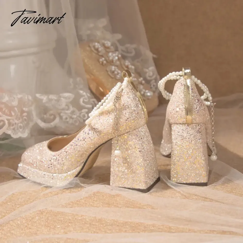 TAVIMART -  Luxury Gold Glitter High Heels Pumps for Women Spring Pearl Ankle Strap Wedding Shoes Woman Chunky Platform Mary Jane Shoes