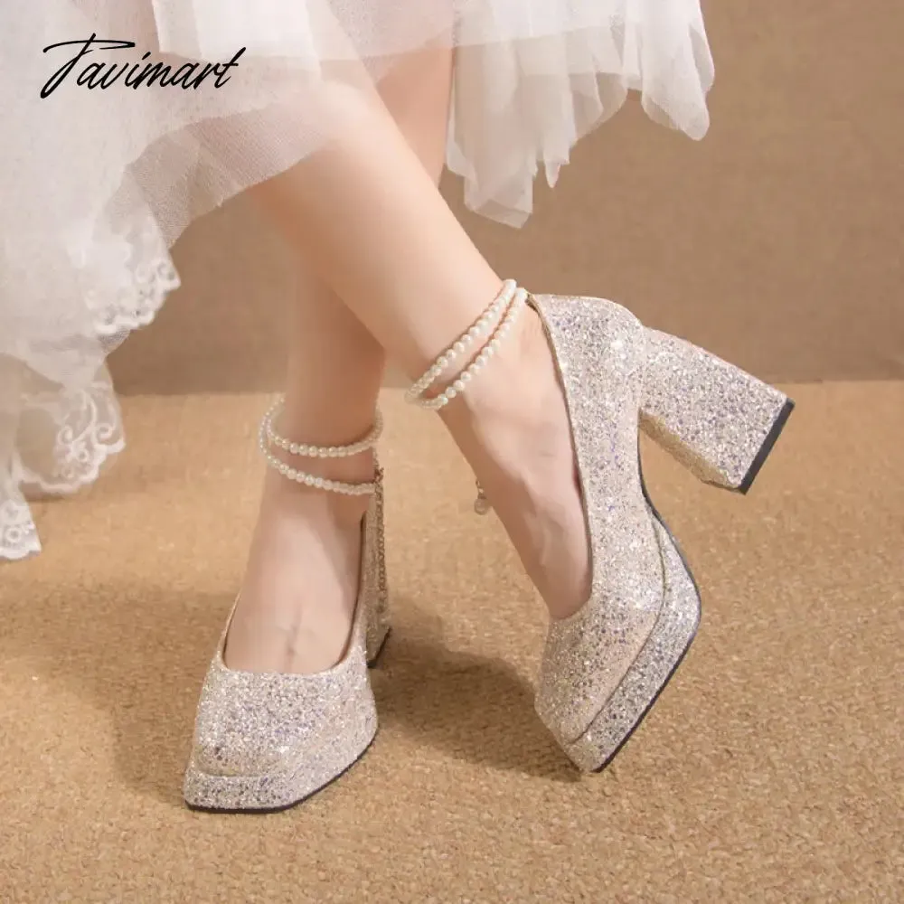 TAVIMART -  Luxury Gold Glitter High Heels Pumps for Women Spring Pearl Ankle Strap Wedding Shoes Woman Chunky Platform Mary Jane Shoes