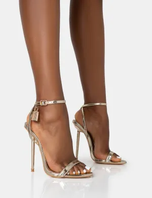 Ti Amo Gold Metallic PU Padlock Detail Barely There Pointed Toe Stilettos Heels