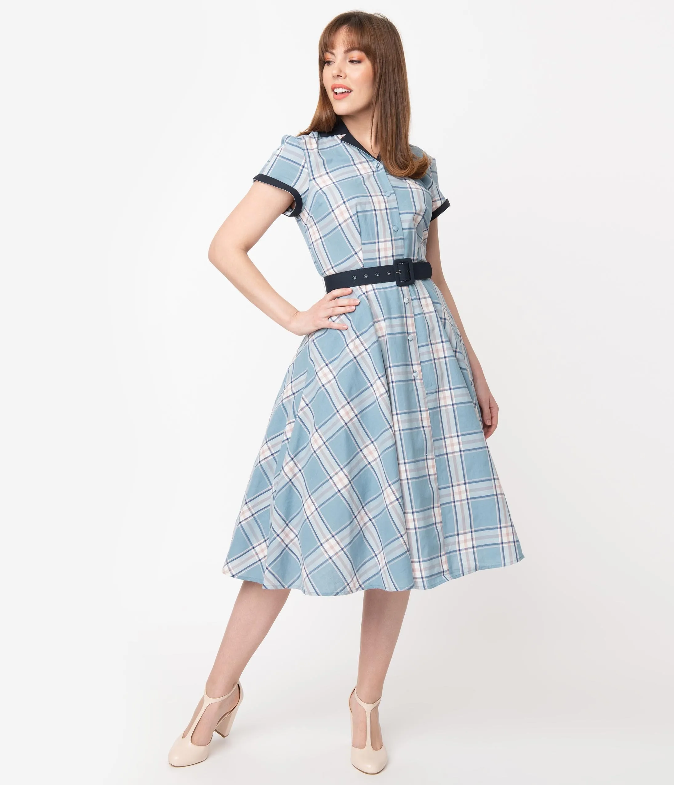 Unique Vintage 1950s Style Light Blue Plaid Alexis Swing Dress